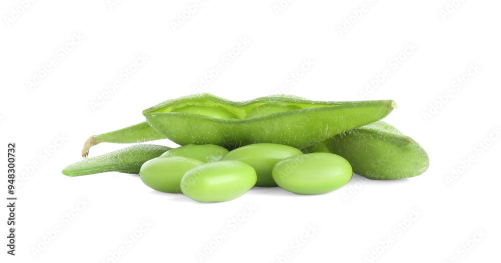 Raw green edamame pods with soybeans isolated on white Raw green edamame pods with soybeans isolated on white