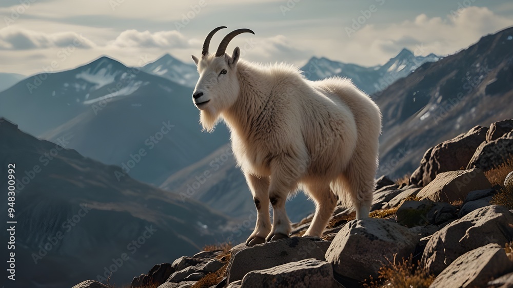 Obraz premium A full body shot of a mountain goat standing on a steep rocky cliff, its muscular frame and thick, white fur perfectly adapted to the harsh environment.