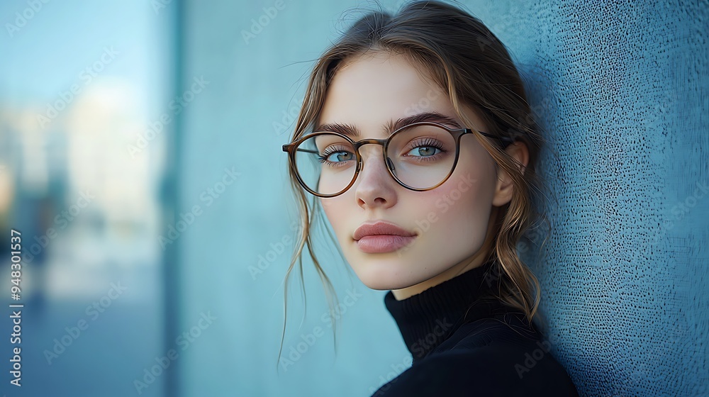 A beautiful young woman with glasses gazes intently at the camera.