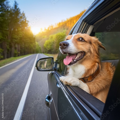 Excited dog leaning out of car window on a road trip. photo