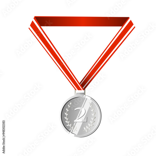 Silver Medal with Red and White Ribbon for Second Place Achievement - Award Symbol of Honor, Excellence, and Recognition - Vector Illustration for Sports, Competitions, Championships, and Runner-Up Aw