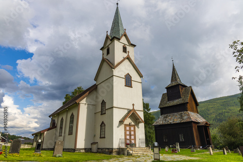 Church and stave church in Torpo, Norway