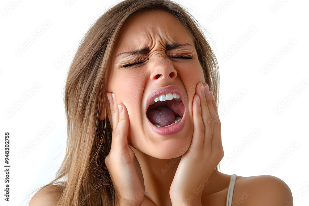 Closeup portrait of woman having toothache isolated on white background. Female suffering with a painful, hurting or inflammation in her mouth Closeup portrait of woman having toothache isolated on white background. Female suffering with a painful, hurting or inflammation in her mouth