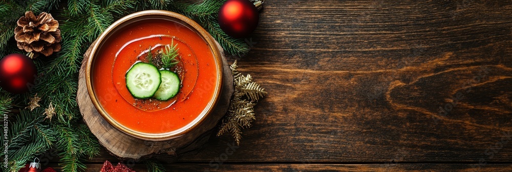 A bowl of vibrant tomato soup garnished with fresh cucumber slices, set on a rustic wooden background with festive evergreen branches and red ornaments. The image evokes a warm and inviting holiday at A bowl of vibrant tomato soup garnished with fresh cucumber slices, set on a rustic wooden background with festive evergreen branches and red ornaments. The image evokes a warm and inviting holiday at