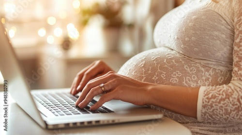 A close-up shot of a pregnant womanhands typing on a laptop, symbolizing productivity and the balance photo