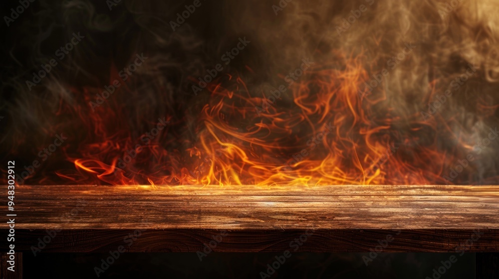 Fototapeta premium Wooden Tabletop with Fiery Background
