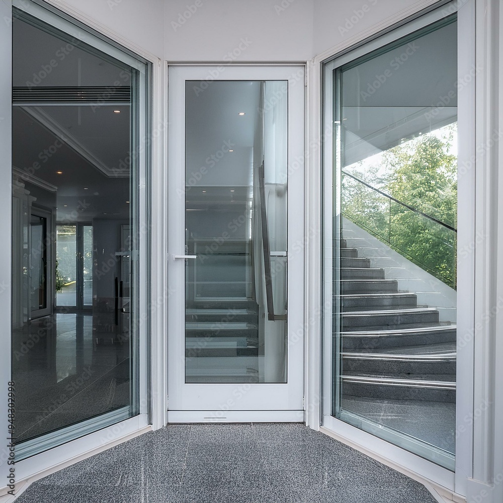 Frosted glass doors offer glimpse of minimalist marble staircase. Frosted glass doors offer glimpse of minimalist marble staircase.