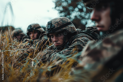 Camouflaged soldiers lying in wait, poised and alert amidst tall grass, epitomizing focus and determination under duress. photo