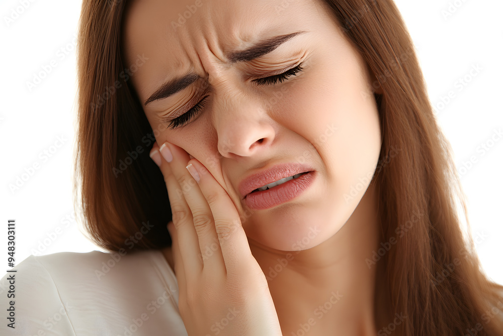 Closeup portrait of woman having toothache isolated on white background. Female suffering with a painful, hurting or inflammation in her mouth Closeup portrait of woman having toothache isolated on white background. Female suffering with a painful, hurting or inflammation in her mouth