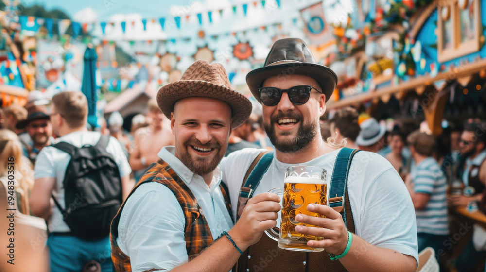 Two joyful men in traditional Bavarian attire enjoying beer at a lively outdoor Oktoberfest festival. Two joyful men in traditional Bavarian attire enjoying beer at a lively outdoor Oktoberfest festival.