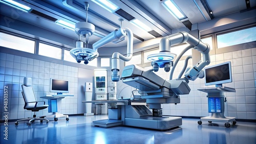 Advanced medical robotic surgery machine with articulated arms and high-definition monitor, poised for precise and minimally invasive surgical procedures in a modern operating room.