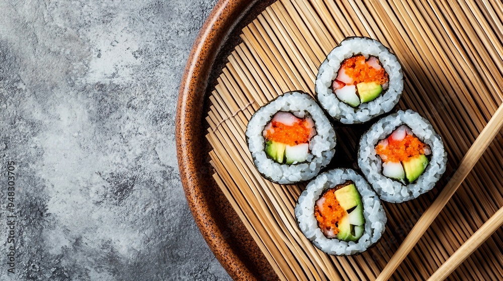Zen Atmosphere - Top View of Sushi Chopsticks and Empty Bamboo Mat on Wooden Background with Copy Space for Asian Cuisine Concept. Zen Atmosphere - Top View of Sushi Chopsticks and Empty Bamboo Mat on Wooden Background with Copy Space for Asian Cuisine Concept.