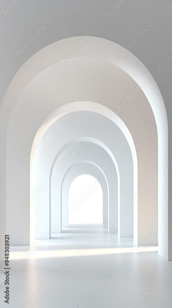 Fototapeta premium A serene interior showcasing elegant arches in a minimalist design, illuminated by soft light, creating a peaceful atmosphere.