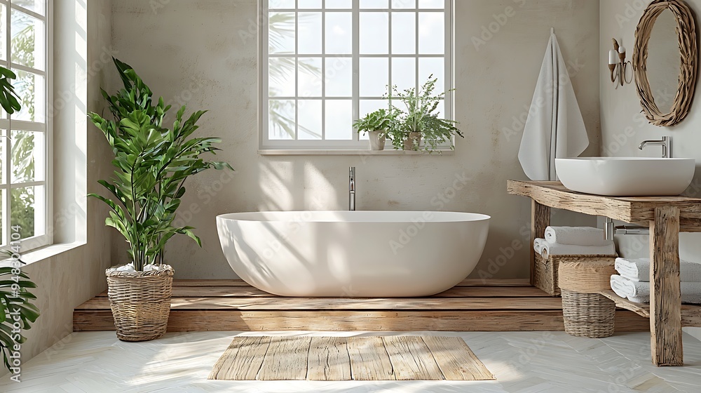 A modern bathroom with a freestanding tub, wooden vanity, and lush plants. A modern bathroom with a freestanding tub, wooden vanity, and lush plants.