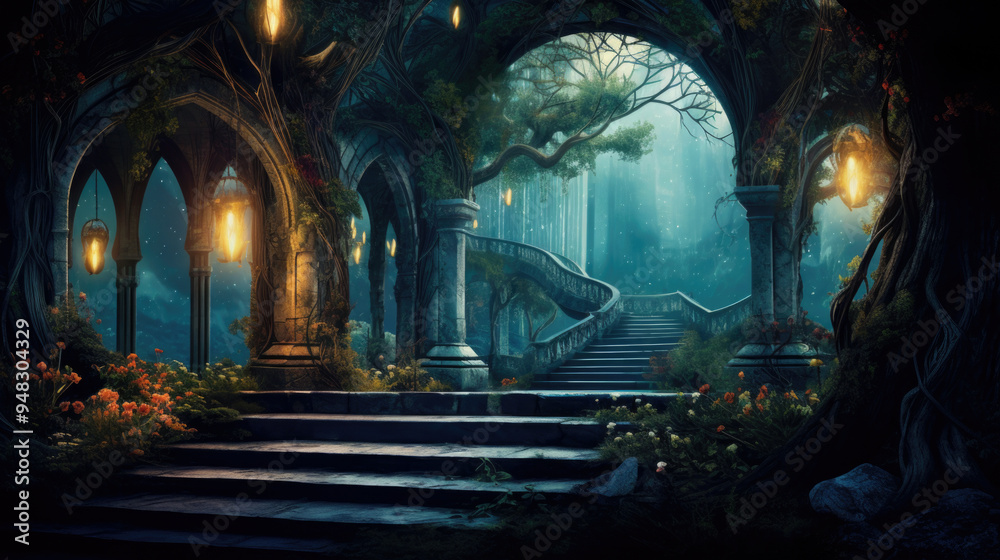 A winding staircase ascending to a majestic castle in the woods at night A winding staircase ascending to a majestic castle in the woods at night