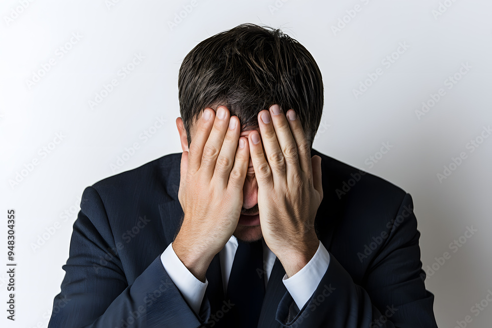 Portrait of overstressed business man covering face with his hands isolated. Emotion of stress or despair Portrait of overstressed business man covering face with his hands isolated. Emotion of stress or despair