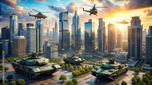 Aerial view of a modern metropolis with a strong military presence, featuring armored tanks and helicopters stationed near skyscrapers and bustling city streets. photo