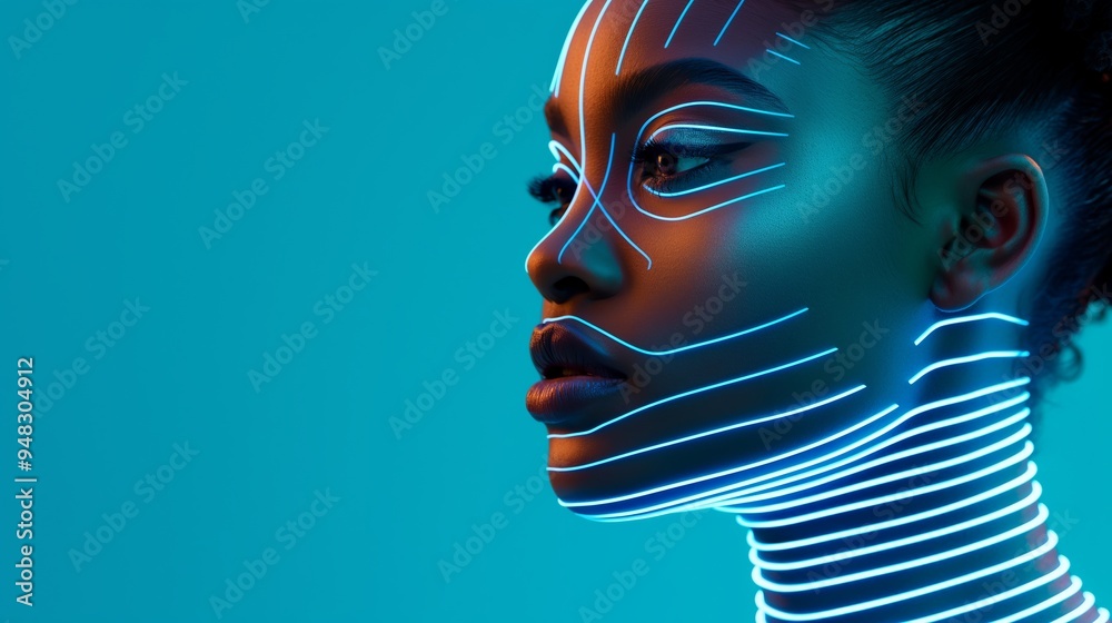 A woman's face is illuminated with blue light, creating a futuristic and otherworldly appearance. The lines on her face are emphasized, giving her a unique and striking look A woman's face is illuminated with blue light, creating a futuristic and otherworldly appearance. The lines on her face are emphasized, giving her a unique and striking look