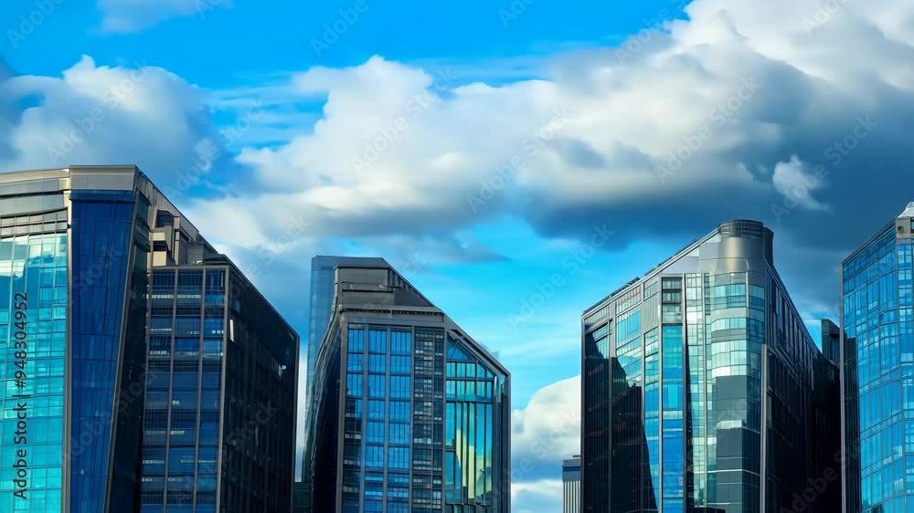 Animation of modern skyscrapers reflecting clouds in a vibrant city skyline during the afternoon Animation of modern skyscrapers reflecting clouds in a vibrant city skyline during the afternoon