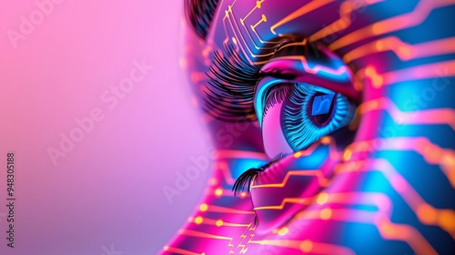 A computer generated eye with a blue iris and a pink and orange background. The eye is surrounded by a network of wires and circuits