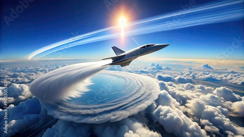 Aerodynamic shockwaves produce a intense, cone-shaped cloud formation behind a hypersonic aircraft, capturing the fleeting moment of a sonic boom's raw power. photo