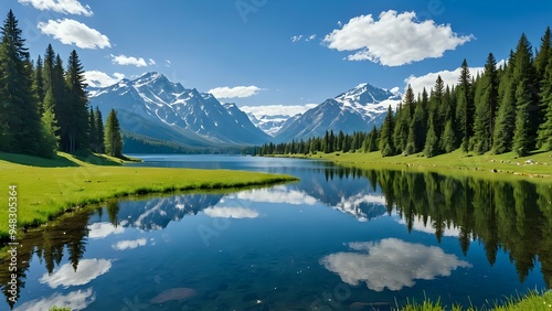 Tranquil mountain lake with snow capped peaks reflected in still water.