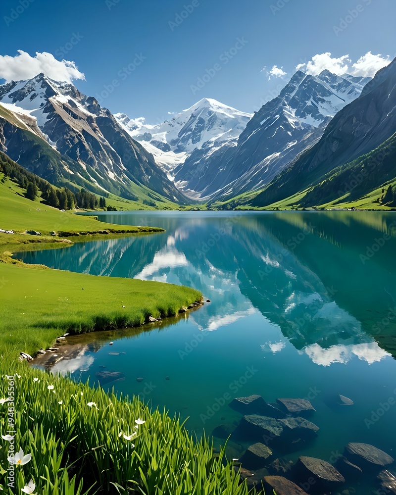 Breathtaking mountain lake with snow-capped peaks reflecting in the crystal-clear water, a serene and picturesque scene of nature's beauty. Breathtaking mountain lake with snow-capped peaks reflecting in the crystal-clear water, a serene and picturesque scene of nature's beauty.
