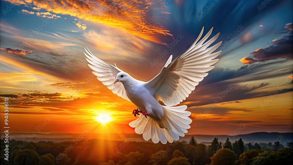 Fototapeta premium Against a vibrant orange sunset, a delicate white dove's silhouette takes flight, wings outstretched, conveying peace and freedom in a serene natural landscape.