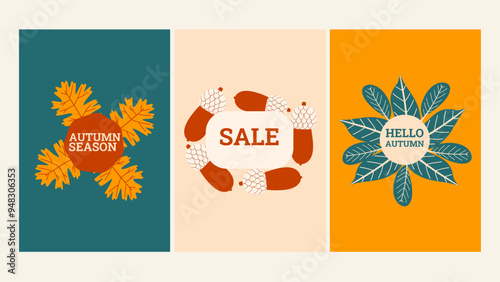 Autumn season special offer vertical promotion set. Fall vector posters with leaves and acorn.