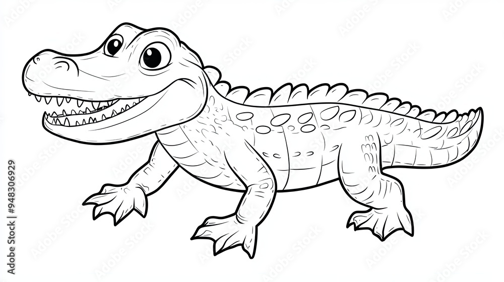 Fototapeta premium A cartoon drawing of an alligator with a toothy grin, facing right, with visible scales.