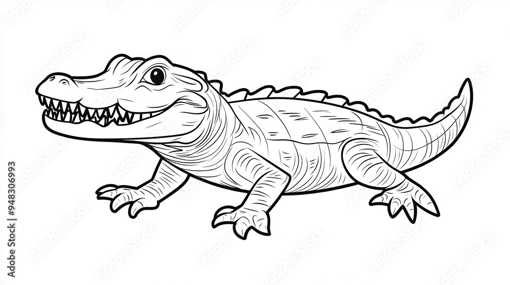 Fototapeta premium Line drawing of a smiling alligator with its mouth open and sharp teeth.