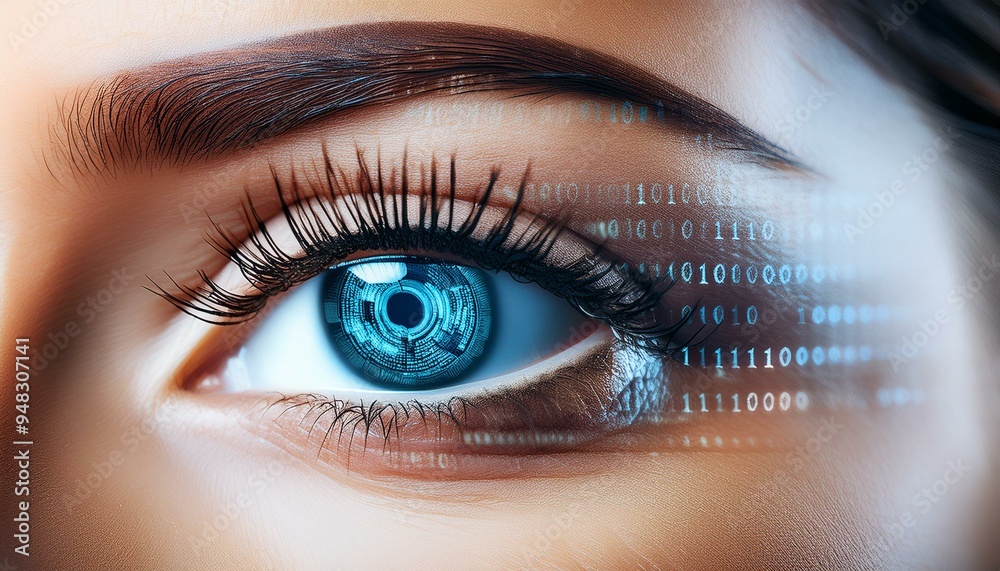 Human eye with binary code iris, symbolizing data vulnerability. Human eye with binary code iris, symbolizing data vulnerability.