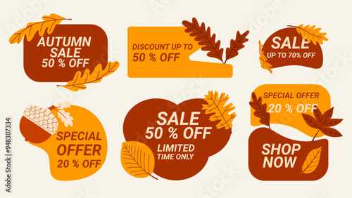 Autumn sale budges set. Fall discount collections labels with different  leaves and acorn.