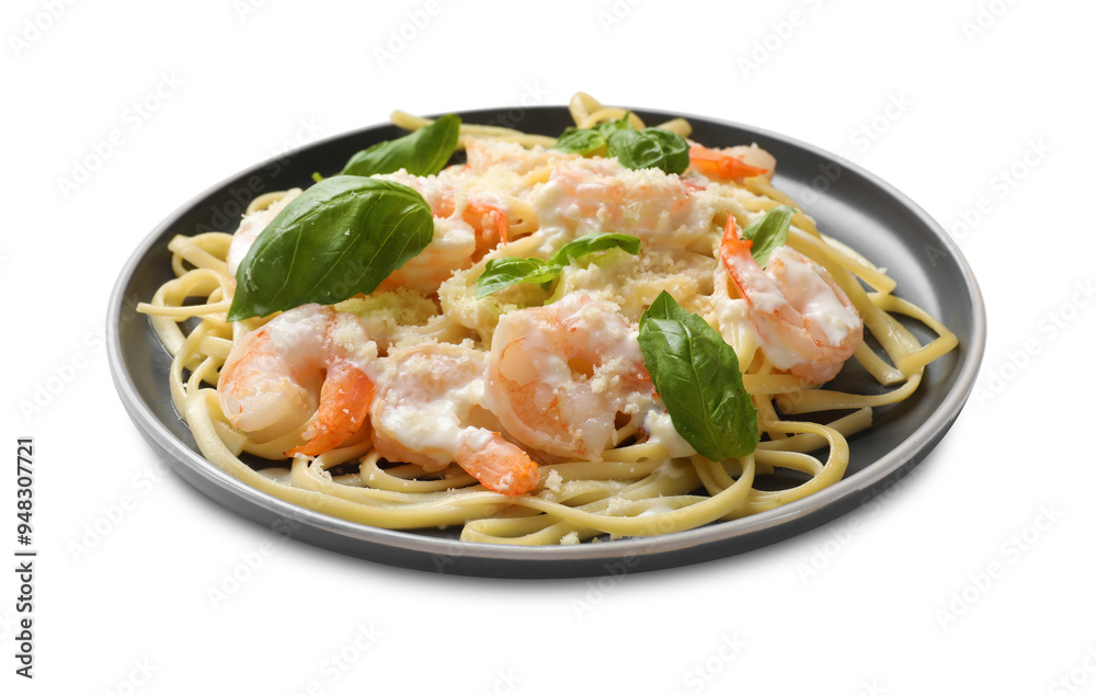 Tasty pasta with shrimps isolated on white Tasty pasta with shrimps isolated on white