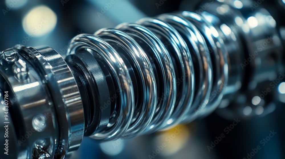 A close-up macro shot of a brand new shock absorber, showcasing its intricate details and high-quality construction. The shiny metal coil springs and precise engineering highlight the durability and A close-up macro shot of a brand new shock absorber, showcasing its intricate details and high-quality construction. The shiny metal coil springs and precise engineering highlight the durability and