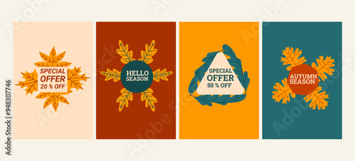 Autumn season special offer vertical promotion set. Fall vector posters with leaves.
