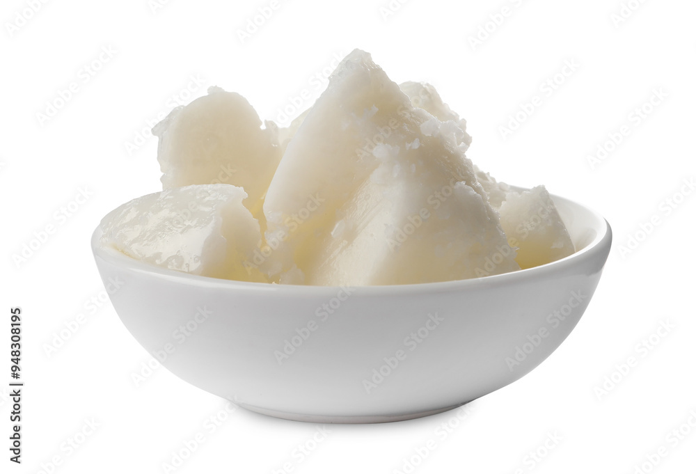 Natural shea butter in bowl isolated on white Natural shea butter in bowl isolated on white