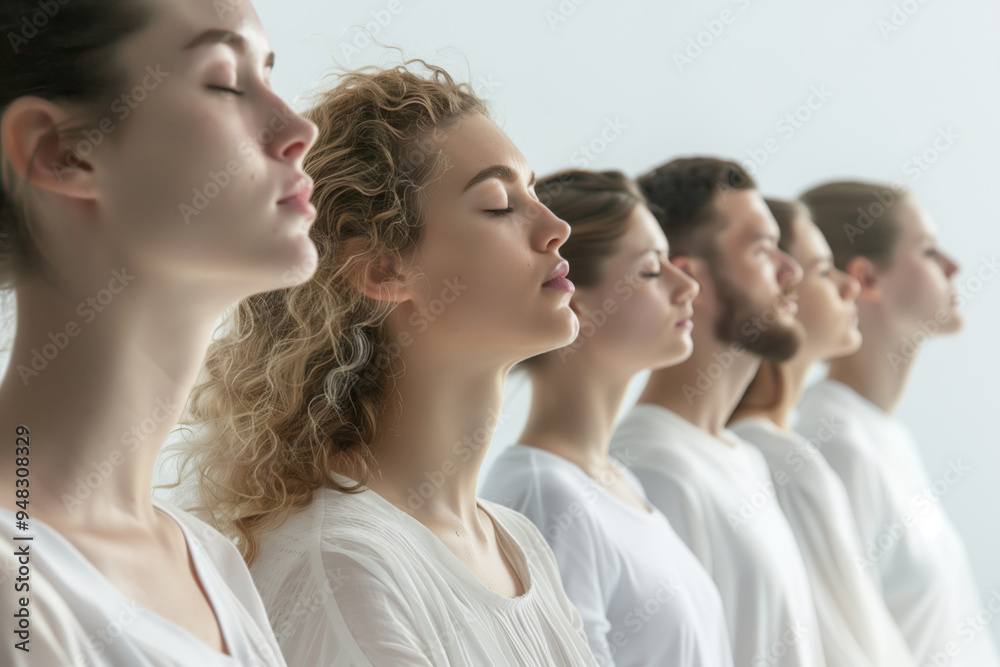 Diverse group of people meditating together in a bright room, eyes closed, wearing white outfits, side view. Diverse group of people meditating together in a bright room, eyes closed, wearing white outfits, side view.