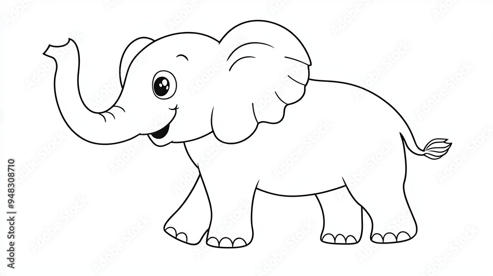 Naklejka premium A simple line drawing of a happy elephant with its trunk raised.
