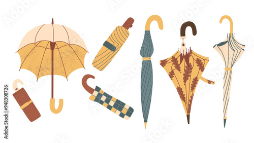 Open, closed umbrellas hand-drawn set. Cute colorful various accessories. Vector illustration