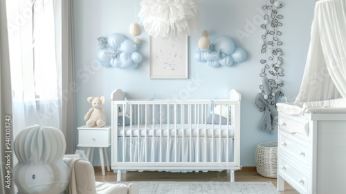 Cozy baby nursery with a crib, changing table, and soft decorations photo