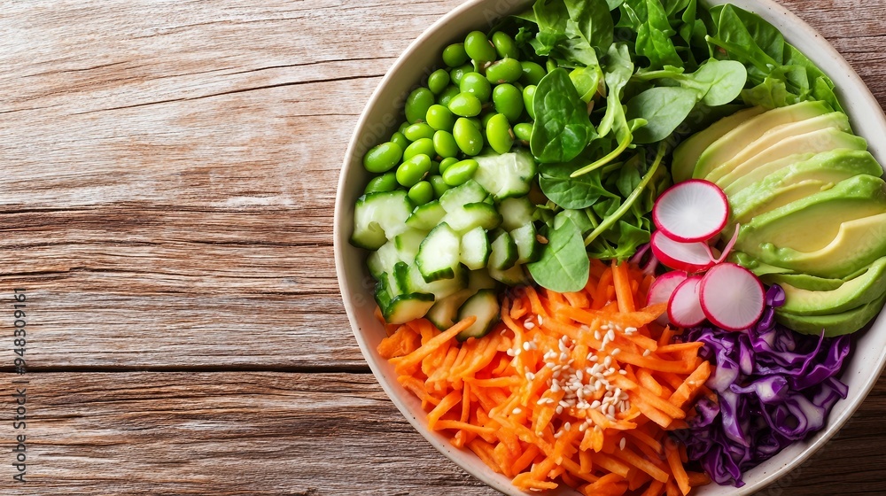 Vibrant Vegan Buddha Bowl with Avocado, Edamame Beans, and Fresh Vegetables, Top View with Selective Focus for Healthy Food Concept Vibrant Vegan Buddha Bowl with Avocado, Edamame Beans, and Fresh Vegetables, Top View with Selective Focus for Healthy Food Concept