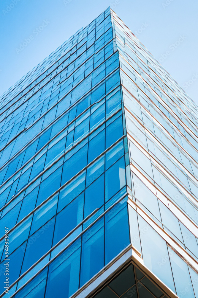 Tall blue skyscraper building under the clear blue sky. Tall blue skyscraper building under the clear blue sky.