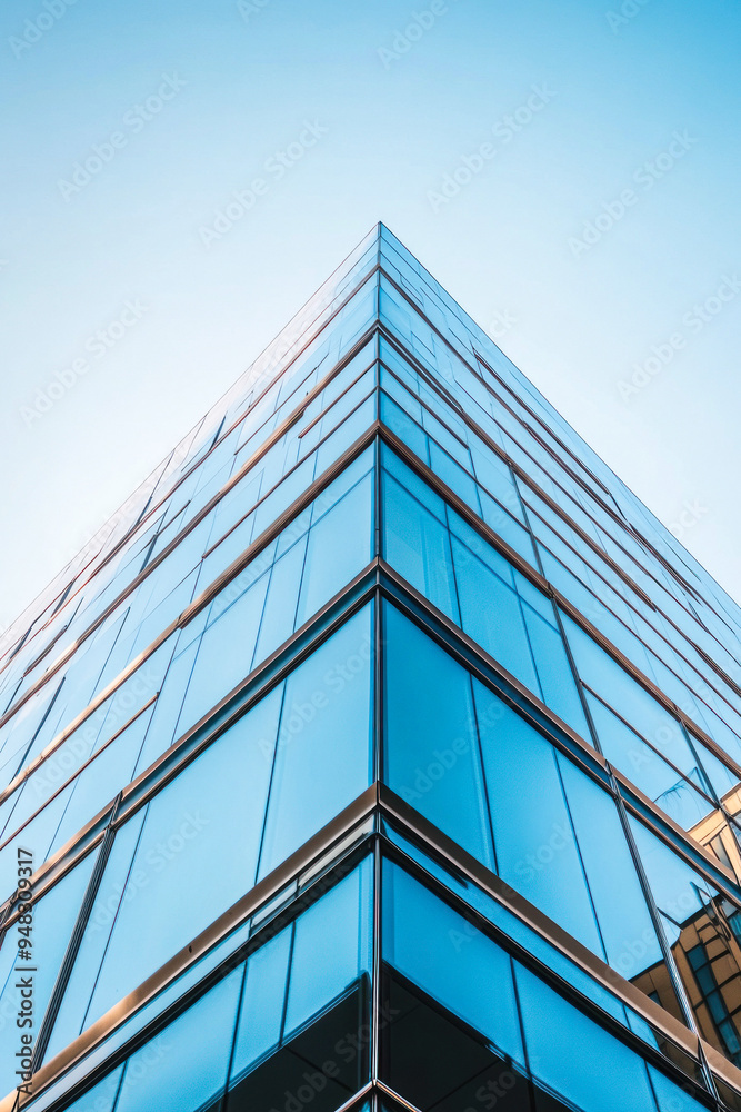 Glass skyscraper corner pointing upwards, clear bright sky. Glass skyscraper corner pointing upwards, clear bright sky.