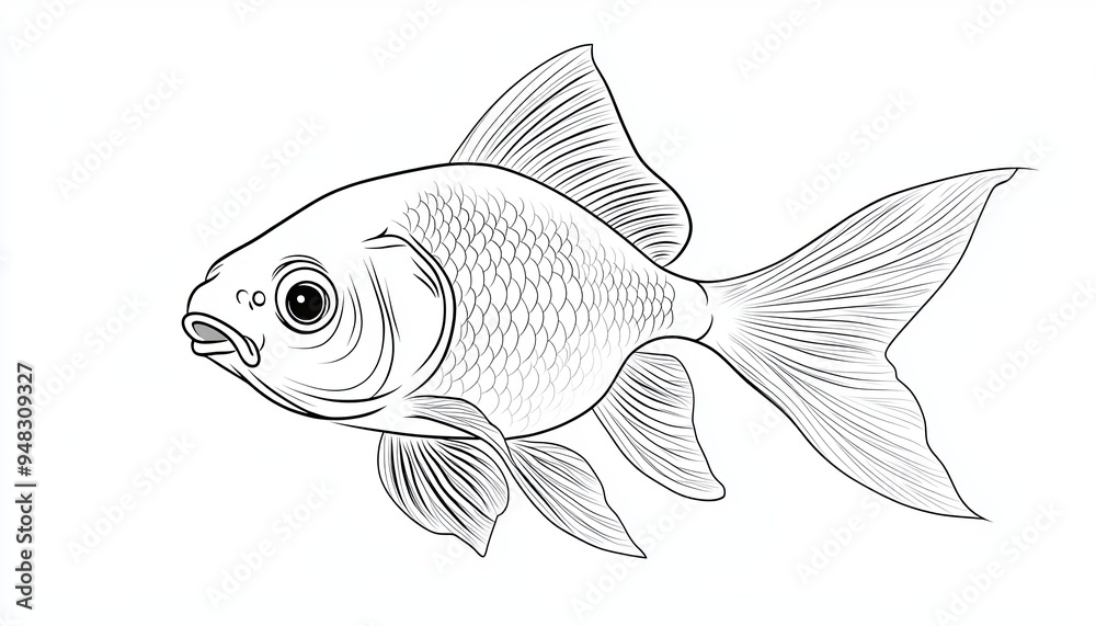 A detailed line drawing of a goldfish, a popular pet fish, swimming in water. A detailed line drawing of a goldfish, a popular pet fish, swimming in water.