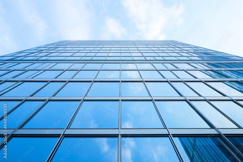 Tall glass building reflecting a clear blue sky view Tall glass building reflecting a clear blue sky view