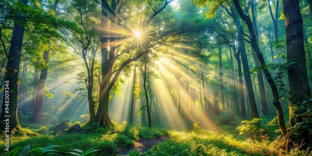 Obraz premium Morning sunlight streaming through the dense forest, creating a magical and ethereal atmosphere