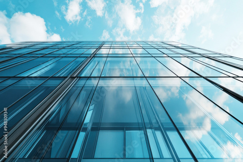 Blue sky mirrored in a modern glass building facade