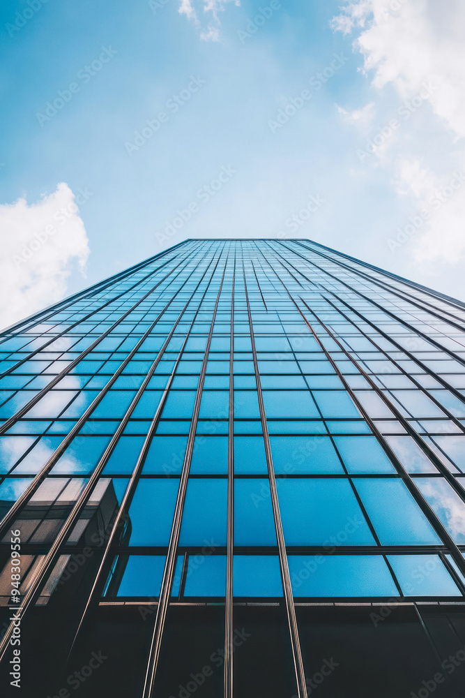 Upward perspective of a glass facade skyscraper Upward perspective of a glass facade skyscraper