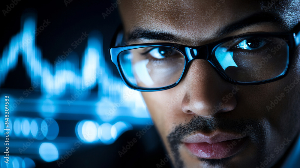 A close-up portrait of a focused businessman, with a stock market chart reflected in his glasses. The image conveys ambition, determination, and the pursuit of success. A close-up portrait of a focused businessman, with a stock market chart reflected in his glasses. The image conveys ambition, determination, and the pursuit of success.
